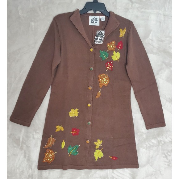 Storybook Knits Sweaters - Vtg Storybook Knits Sweater S Long Brown Cardigan HSN Fall Leaves Autumn NWT
